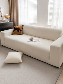 1pc Plush Fabric Jacquard Sofa Cover, Solid Color Sofa Protector, Pet Friendly Anti-Slip Anti-Dirt Anti-Scratch, Suitable For All Seasons, Stretchy Machine Washable, Fits 1/2/3/4 Seater Sofa, Waterproof - Beige - View 5