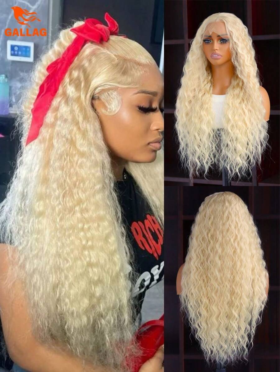13X4 Free Part Blonde Loose Curly Synthetic Lace Front Wigs Pre Plucked Hairline Soft Long Deep Wave Wigs Glueless Blonde Loose Water Wave Wigs Soft Loose Curls Wig Heat Resistant HD Lace Front Wigs For Women Girls Party Daily Wear - Gold - View 1