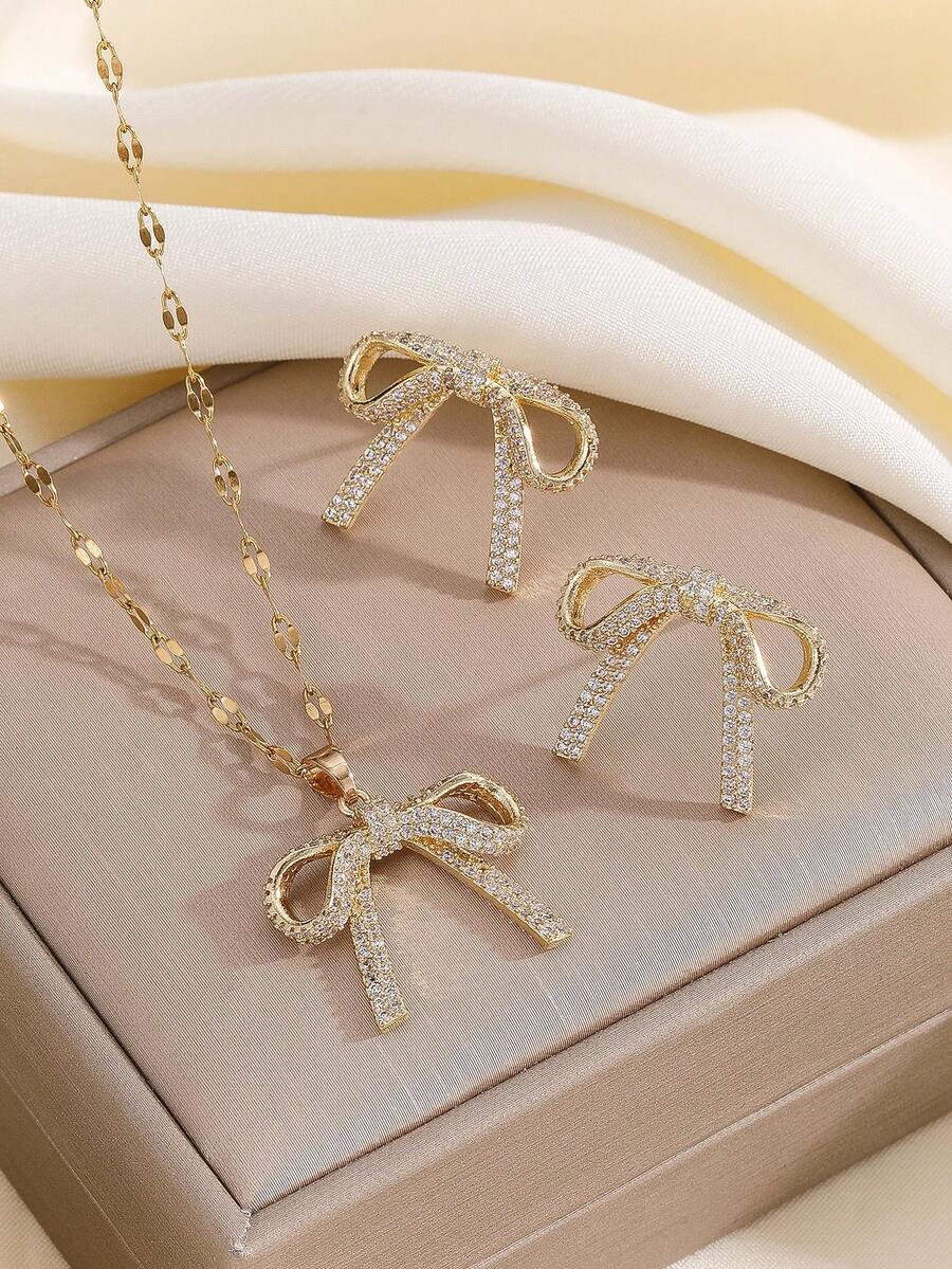 1 Set Stainless Steel Chain Bow Pendant Cubic Zirconia Necklace & Earrings Set For Women, Versatile Luxury Personalized Banquet Jewelry Gift, No Gift Box - Gold - View 1
