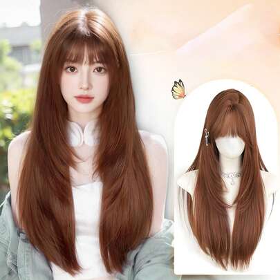 طقم شعر طبيعي كامل الرأس مستقيم طويل ذو غرة كثيفة وطبقات عالية من الألياف الصناعية بلون برتقالي بني