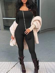 Mameluco Mujer Primavera Cuello Redondo Clásico Color Sólido Elegante Estilo Minimalista Ideal para Oficina o Salidas - Negro - Ver 3