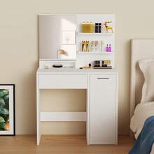 OYAJIA Dressing Table, Vanity Table With Mirror, 1 Drawer, 3 Shelves, Storage Cabinet, Makeup Organiser, White - White - View 2