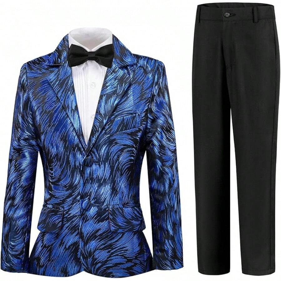 Teen Boy Jacquard Tuxedo 3 Piece Suit Set - Bow Tie Included For Wedding Prom - Blue - View 1