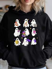 Halloween Fun Cartoon Design HoodiePlus Size Women's Hoodie, Soft And Breathable Short Sleeve, Perfect For Daily Wear, Outdoor Activities, Travel, And Casual Style, Comfortable All-Day - màu đen - Xem 1