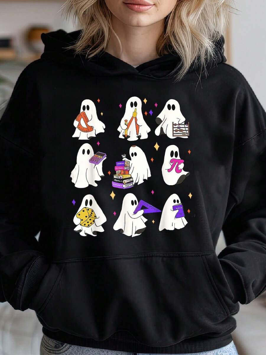 Halloween Fun Cartoon Design HoodiePlus Size Women's Hoodie, Soft And Breathable Short Sleeve, Perfect For Daily Wear, Outdoor Activities, Travel, And Casual Style, Comfortable All-Day - màu đen - Xem 1