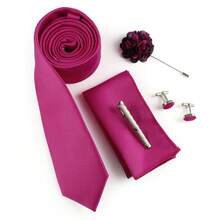 ZONFAZ 5 件套男士商务正装领带、手帕、袖扣、翻领花、领带夹套装，婚礼派对必备 - 玫紅色 - 查看 2