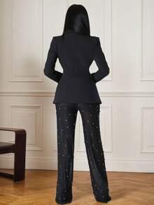 Women's Black Shawl Collar Blazer And Sheer Beaded Mesh Pants Suit Set With Buttons, Medium Stretch Regular Sleeve Formal Outfit,Black, White, Burgundy,Autumn/Winter Women's Christmas Set,Deep V-Neck Design,Evening Gown - Black - View 2
