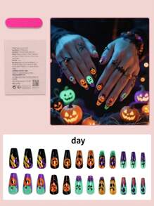 24 片装中号芭蕾舞女演员按压指甲万圣节美甲夜光吸血鬼图案亮面全覆盖女士女孩假 Y2K 指甲美甲用品 - 彩色 - 查看 2