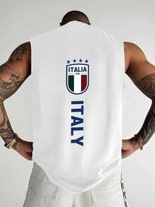 男士休闲无袖上衣，创意图案，圆领健身训练打底衫，宽松街头风，可外穿或内搭 - 白色 - 查看 1