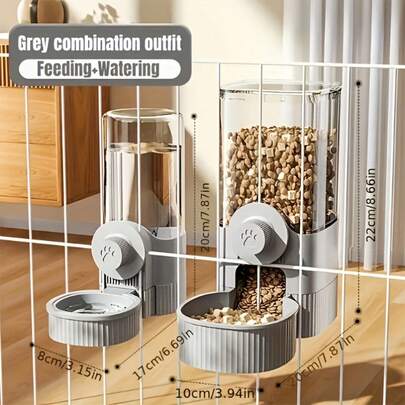 Máy cho ăn và uống tự động cho thú cưng, bình đựng thức ăn/nước uống bằng nhựa bền chắc, dung tích lớn, hoạt động bằng trọng lực, không cần nguồn điện, dễ lắp đặt, thiết kế hợp vệ sinh, chống rò rỉ, có thể giặt, có thể tháo rời. Thích hợp cho chó con, mèo con và các thú cưng khác, màu xám.