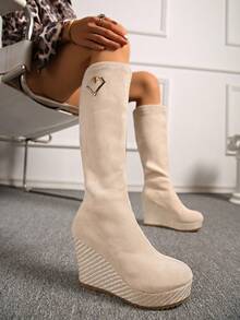 女士坡跟过膝靴，绒面波西米亚风格冬靴，超高跟靴，带毛皮衬里的波西米亚风格过膝长靴，新款复古靴，粗跟圆头百搭踝靴，厚底 - 米色 - 查看 4