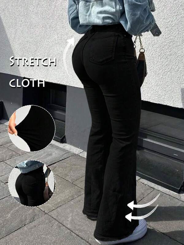 Black New Simple Solid Color Long Women's High Waist, Slim Fit, Stretch, Elegant, Fashionable, Casual, Versatile, Back-To-School Street Style, Y2K, 2000s Fashion, Autumn & Winter Clothing, Retro Apparel, Perfect For Christmas And Thanksgiving Winter