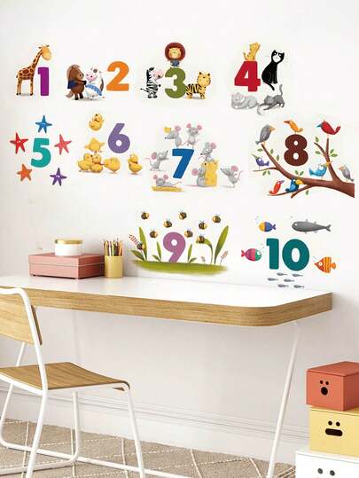 1 件/2 件多尺寸 PVC 自粘可移除墙贴，早教数字、字母、动物、手印、汽车、可爱女孩、卡通装饰，适用于卧室、客厅、书房、餐厅、浴室、家居墙壁装饰、房间装饰