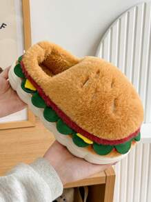 可爱黄色汉堡图案毛绒保暖室内防滑拖鞋，男女情侣款，尺码 36-45 - 黃色 - 查看 5