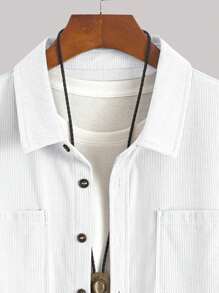 Bestselling Lightweight Corduroy Polyester Men's Casual Shirt Jacket, Turndown Collar Button Long Sleeve Cardigan With Dual Pockets, Suitable For Daily Casual, Fashion, Commuting, Comfortable Home And Street Wear, Thin Long Sleeve Shirt - White - View 5