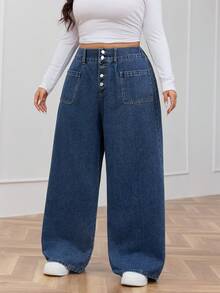 Dark Blue Wash Front Button Straight Leg Plus Size Boyfriend Jeans Elegant Daily Casual Outfit For Women High Waisted Long Pants Summer