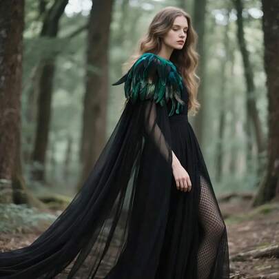 一套哥特式黑色超长宽松网纱披肩和人造羽毛披肩斗篷，适合角色扮演公主、仙女、女巫，万圣节嘉年华派对和舞会表演，派对礼服