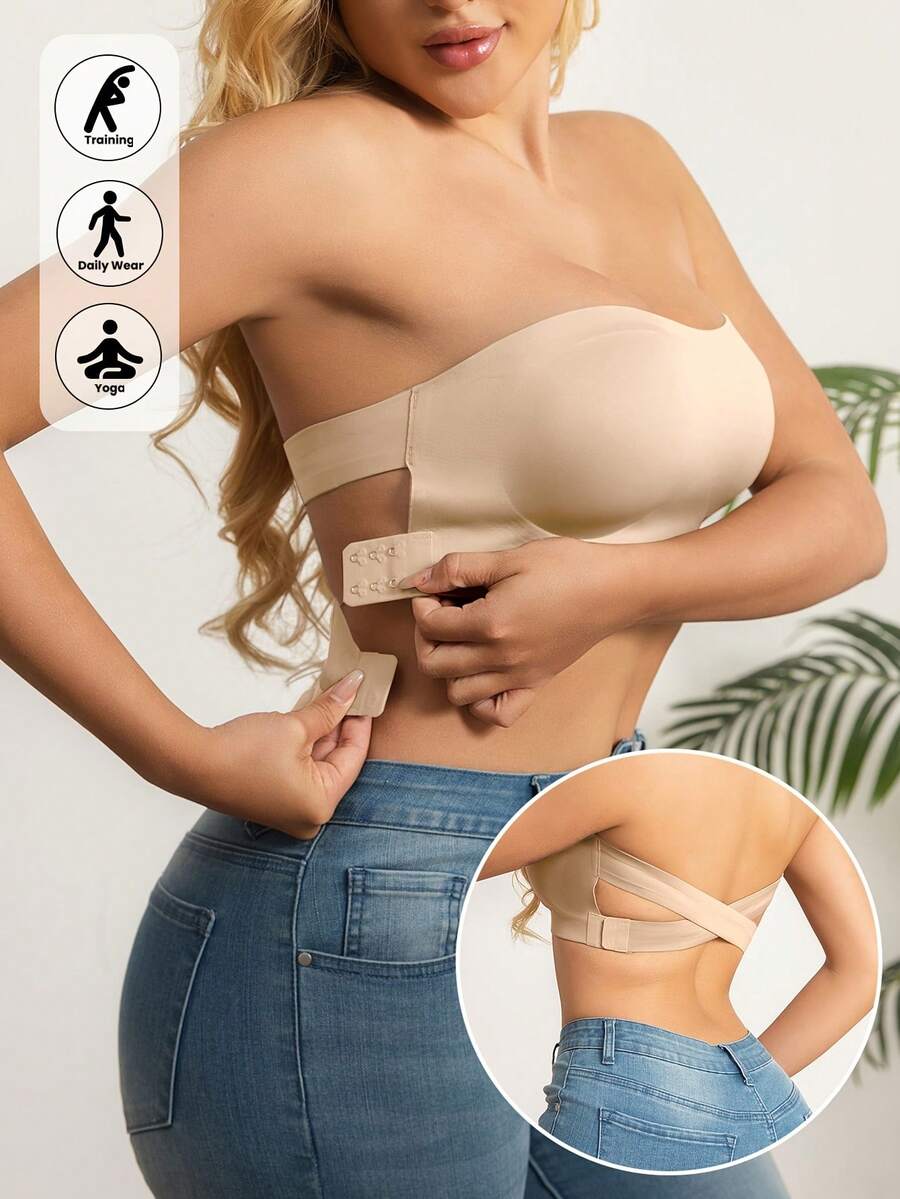 Women's Strapless Wireless Push-Up Camisole Bra With Removable Pads And Side Clasps - Seamless Comfort, No Wires, Solid Colors, Elegant Design, Perfect For Everyday And Special Occasions, Strapless Underwear, Comfortable Push-Up Effect, Premium Underwear - 駝色+駝色 - 查看 1