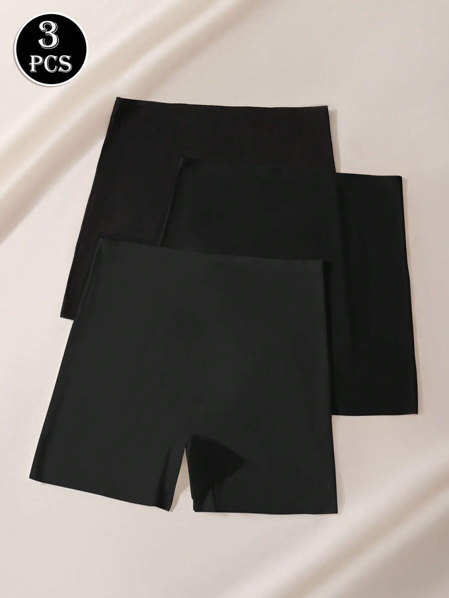 3 件/包女士纯色简约短裤，防擦伤，不滚动，丝滑，高腰，无缝，舒适内裤 - 黑色 - 查看 1