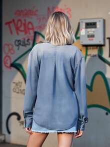 Women Denim Shirt, Long Sleeve Button-Down Solid Jacket Fall Tops With Pockets For Casual Daily - Blue - View 2