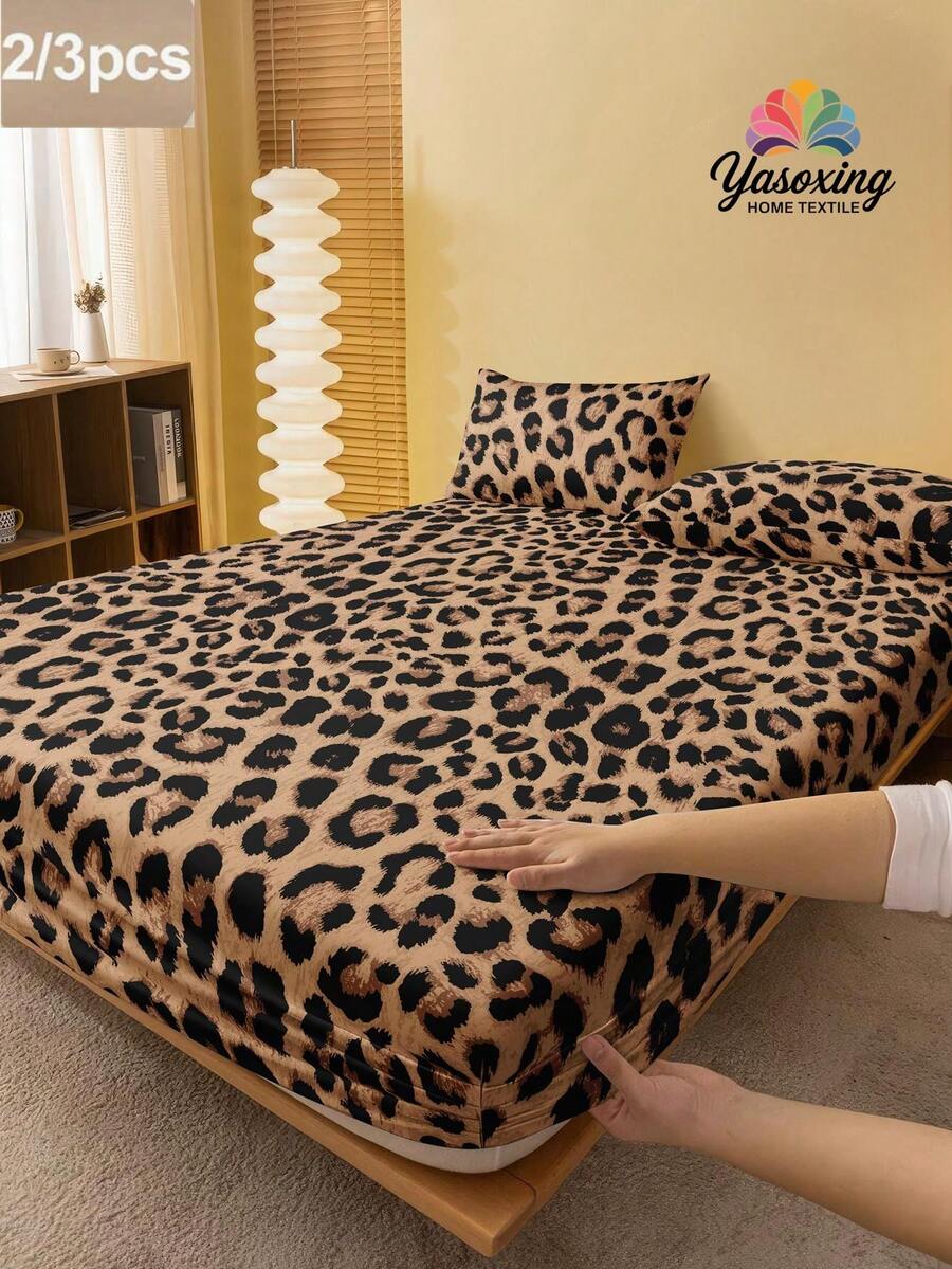 2/3件套棕色经典豹纹床上用品套装（1件床笠+1/2件枕套），床垫保护套，情人节床垫罩，柔软透气，适用于单人床、双人床、大号床、特大号床，深口袋设计，最大可达11.8英寸，适合宿舍使用 - 摩卡棕 - 查看 1