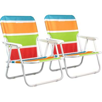 Silla Plegable Para Playa Portátil con Reposabrazos (2 Pz), Incluye Correa para Transportar, con Asiento y Respaldo de Lona, Bolsa de Almacenamiento en Respaldo y Estructura Metálica Hasta 90 Kg