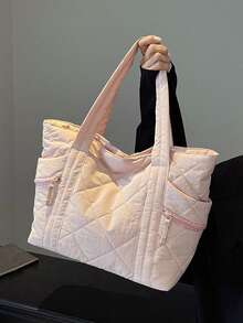 简约纯色新款绗缝手提包，春夏必备。轻便实用，容量大，配有多个口袋、肩带、拉链封口、双肩带和一个美观的腋下口袋，适合通勤、上学、购物和收纳。 - 粉色 - 查看 9