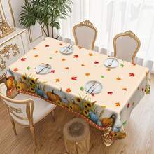 1pc Autumn Thanksgiving Tablecloth, Harvest Theme Printed Dining Table Cover With Pumpkin, Sunflower, Maple Leaf Elements, Polyester Fabric With Lace Trim, Rectangular And Round Sizes, Suitable For Indoor And Outdoor - Farmhouse Kitchen Dining Room Decor, Thanksgiving Holiday Gift, Durable Machine Washable Home Tablecloth