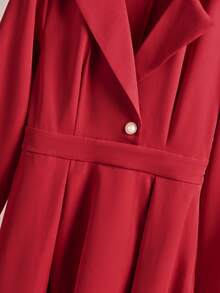 优雅女士深V领连衣裙，法式时尚风格，百搭欧式衬衫领连衣裙，修身学院风连衣裙，红色中长休闲连衣裙，适合办公室穿着 - 紅色 - 查看 8