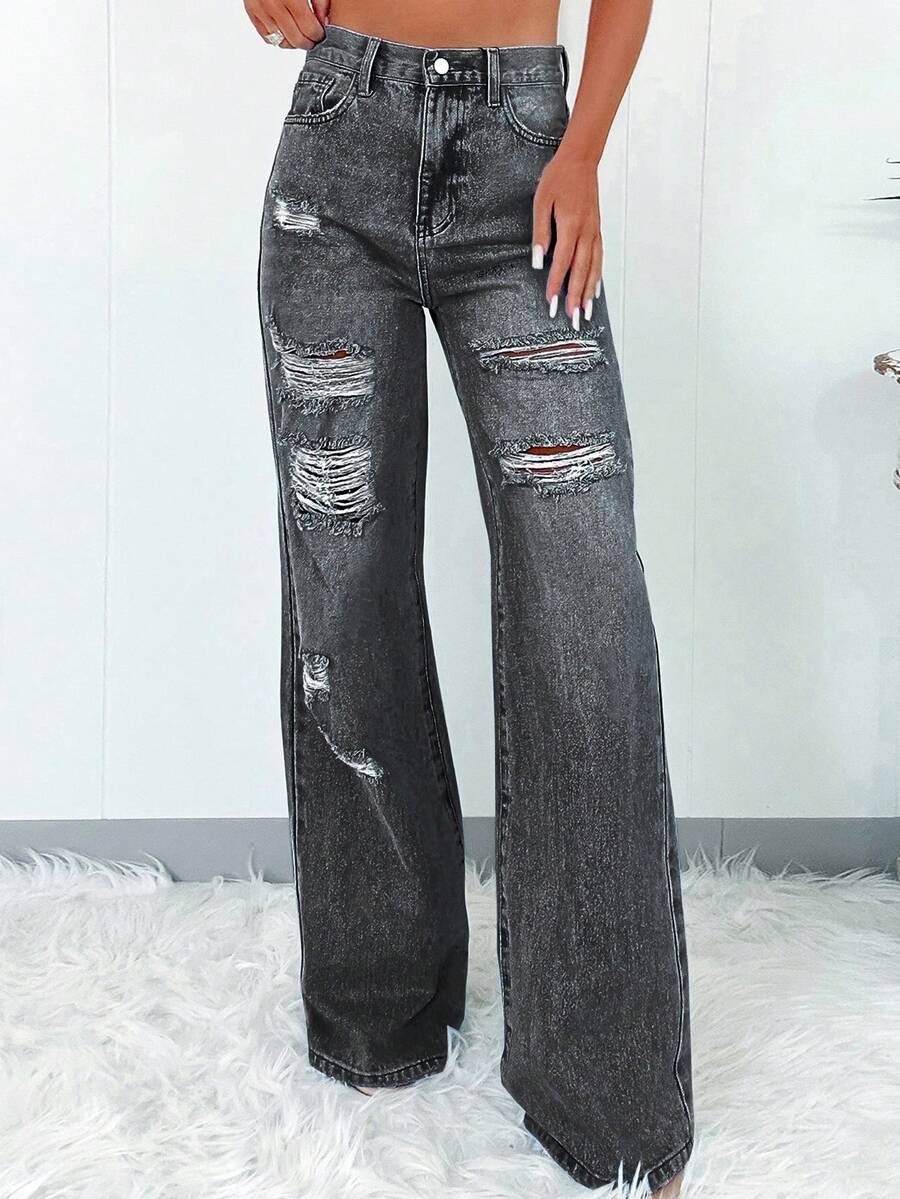 Women's Fashion Casual Distressed Comfortable Denim Long Pants Spring Black - Black - View 1