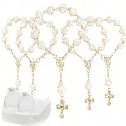 30 件玫瑰串珠手链，亚克力 3D 玫瑰串珠手链，配有欧根纱袋，适合洗礼礼物、初次圣餐礼物、派对礼物、婚礼庆典和其他场合