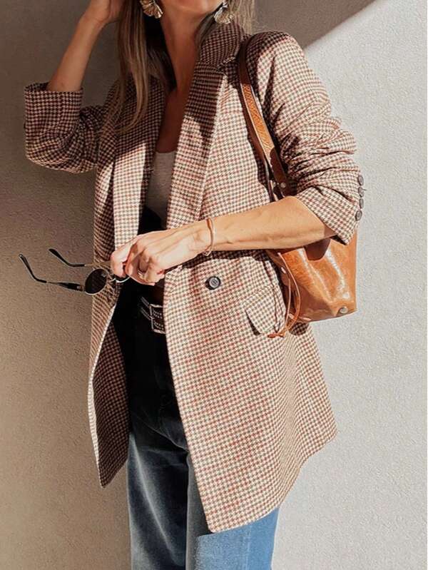 Veste de tailleur à col cranté et manches longues à motif pied-de-poule, style automne et hiver, et jeune pour femmes