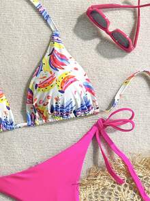 Bộ bikini dây mảnh kiểu Bohemian cỡ lớn, chất liệu co giãn cao, màu hồng, thích hợp cho kỳ nghỉ hè trên bãi biển. - Hồng - Xem 4