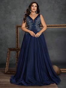 BluePlum 奢华亮片装饰 A 字型婚礼宾客礼服，新娘母亲 V 领拉链薄纱 A 字型及地正式礼服，优雅复古正式派对礼服，浪漫加大码藏蓝色春季礼服 - 藏蓝色 - 查看 6