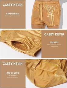 Men's Holographic Metallic Short Sparkly Shiny Short Pants Rave Outfit Hot Shorts With Pockets And Drawstrings - A2-gold-ck3118 - View 2