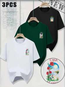 Kit Of 3 Men's T-Shirts 100% Cotton Casual Style, Casual Shirts, Printed Graphic Front/Back, Minimalist Designs, Casa Blanca, Landscape, Plants - Trắng/Đen/Xanh lá cây - Xem 2