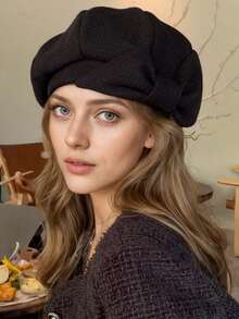 1pc Women's Hat, Bow Decor Solid Color Octagonal Cap, Autumn/Winter Warm Outdoor Sports Commute Shopping Holiday Elegant Face-Slimming Artist Hat, Fashion Versatile Retro Minimalist Beret Hat, Suitable For Daily Use - Multicolor - View 3