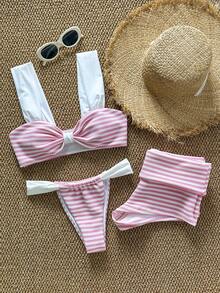 3pcs Women's Striped Fabric Bikini Set, European And American Style, Sexy And Cute Beach/Vacation Swimwear Outfits - Pink - View 6