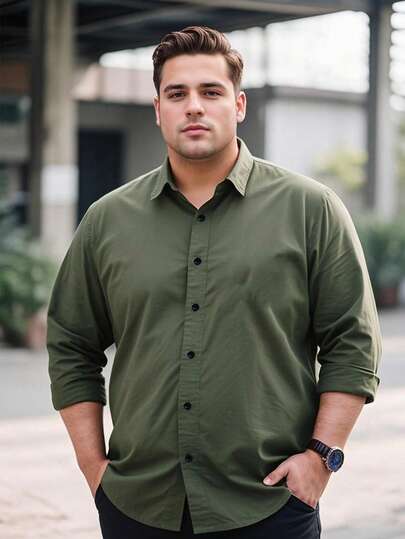 Camisa de vestir de manga larga de color negro, versátil y de unicolor, para hombres de talla grande con estilo militar y casual de negocios