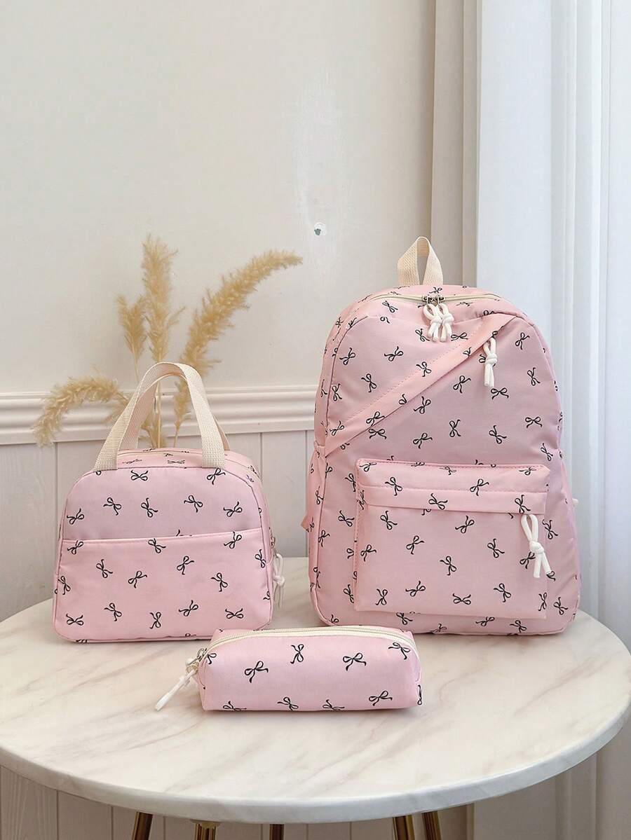 三件套休闲学院风蝴蝶印花背包套装，包含背包、午餐包、斜挎包和带笔记本电脑隔层的笔袋，配有可调节肩带、多口袋大容量多功能书包套装，适合女性/女孩/青少年/大学生/毕业生日常使用/度假/旅行/返校，可爱蝴蝶图案背包