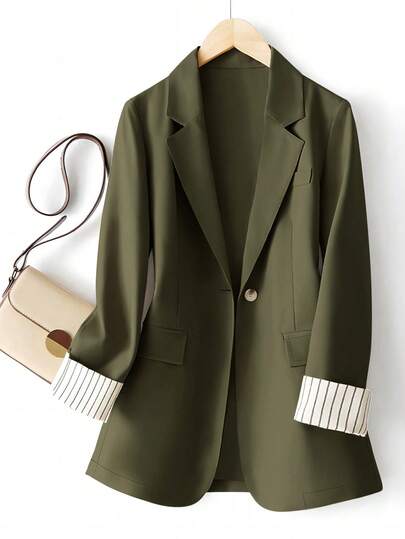 Women's Cuff Striped Patchwork One Button Regular Blazer