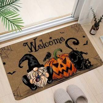 1pc Halloween Welcome Doormat, Halloween Pumpkin Black Cat Gnome Decor, Halloween Atmosphere Decoration, Holiday Gift, Silica Gel Material Carpet Suitable For Bedroom, Living Room, Dining Room, Kitchen, Bathroom, Foyer