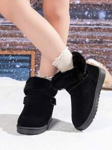2025 Kids Thick Sole Anti-Slip Warm Lining Snow Boots, Solid Color Fluffy Trim Short Shaft High-End Design Thick Bottom Snow Boots, Warm Fuzzy Collar Flat Casual Slip-On Shoes With Decoration