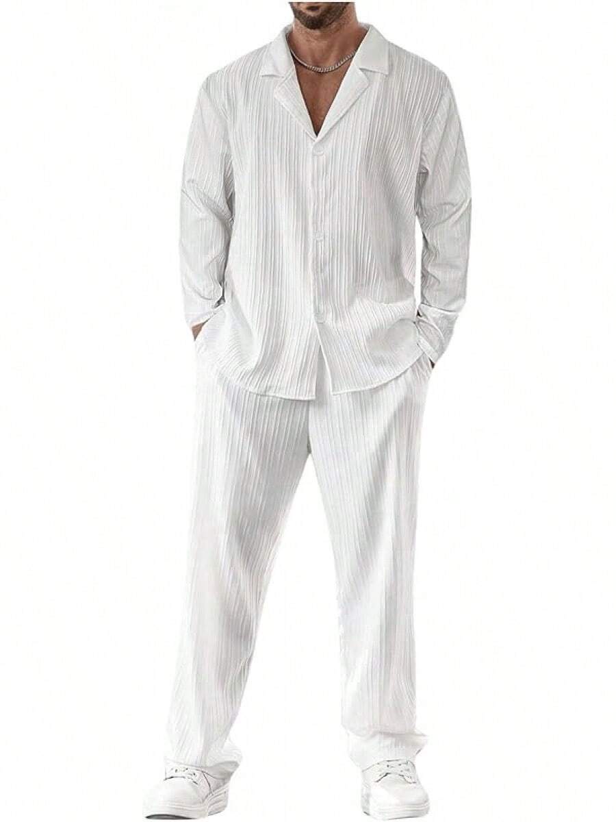 2025 Best  Men's 2 Piece Linen Suit Long Sleeve Button Down Shirt And Pants Sets Walking Suits - 白色 - 查看 1