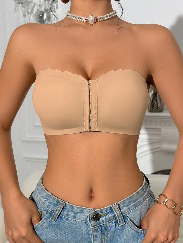 1 Peça Sutiã Bandeau Decote Canoa com Fecho Frontal na Cor Cáqui, com Faixa de Silicone Larga, Sutiã Sem Costura Acolchoado e Confortável, Sutiã Sem Alça e Sem Fio - Caqui - Visão 5