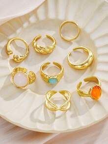 14/8pcs Vintage, Boho Fashion Elegant Delicate Retro Floral, Pearl, Heart, Colorful Gemstone, Textured Water Drop, Wave, Cross, Minimalist Smooth Plain Wide Band Exaggerated Chunky Ring Set, Suitable For Holiday, Party, Date, Gift, Daily Wear