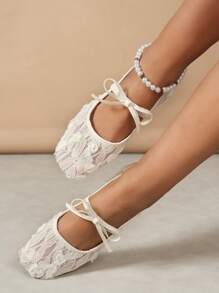 秋冬白色女士平底芭蕾舞鞋，带蝴蝶结装饰和花卉刺绣，黑色透气镂空网眼夏季凉鞋，方头闪光宽版玛丽珍鞋 - 白色 - 查看 2