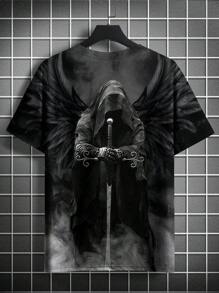 大码男士印花圆领短袖T恤，万圣节适用