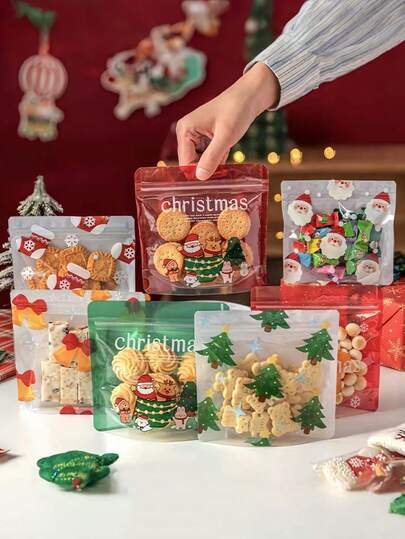 50pcs Christmas Cookie Packaging Bags, Self-Sealing Cookies, Candies, Snowflake Cakes, Snacks, Small Individual Gift Boxes, Frosted Cookies, Lollipops, Chocolate Cookies, Snowflake Cakes Food Packaging Bags, Zipper Seal, Reusable, Cranberry, Small Cookies Baking Bags