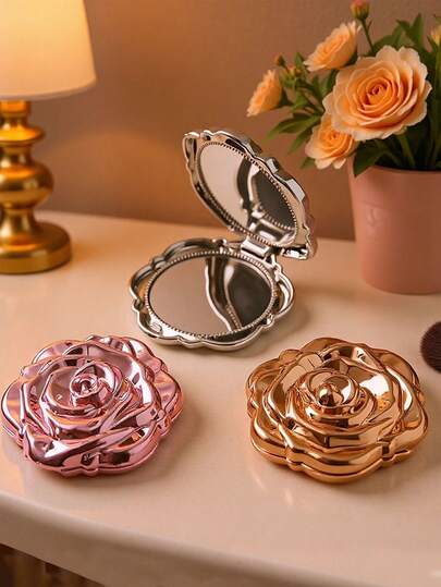 1 件玫瑰色、轻巧、纯色设计的女士便携式折叠化妆镜 - 学生化妆的理想选择，便携式迷你化妆工具，旅行工具，化妆，便宜，房间装饰，梳妆台，旅行，卧室，化妆配件，镜子，梳妆镜，迷你镜，化妆镜，小镜子，手镜